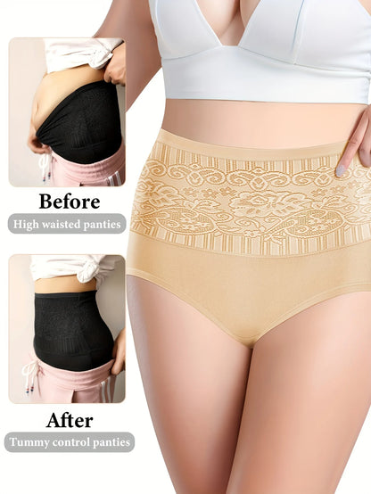 Set of 4 Plus Size Elegant Women's Panties with Floral Pattern - High Waist Tummy Control