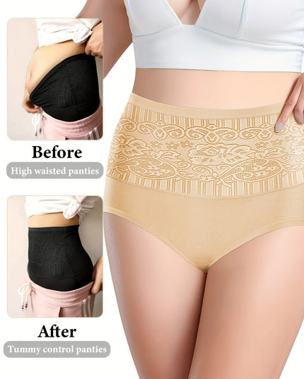 Set of 4 Plus Size Elegant Women's Panties with Floral Pattern - High Waist Tummy Control