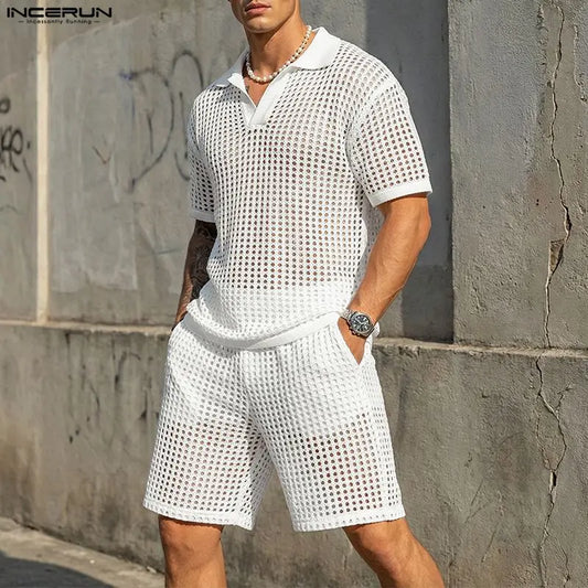 Incerun Men's Two-Piece Hollow Out Lapel Short Sleeve T-Shirt and Short Set