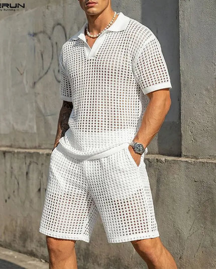 Incerun Men's Two-Piece Hollow Out Lapel Short Sleeve T-Shirt and Short Set