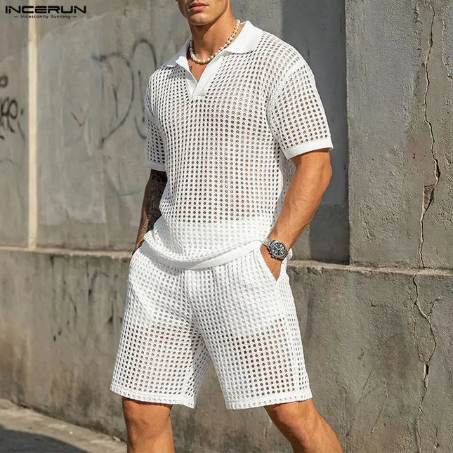 Incerun Men's Two-Piece Hollow Out Lapel Short Sleeve T-Shirt and Short Set
