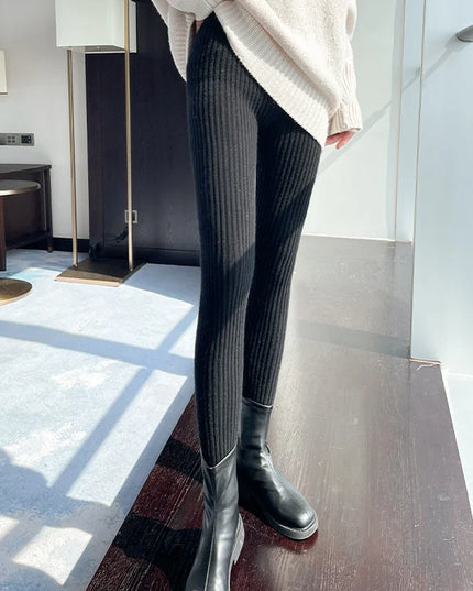 High-Waisted Slim Leggings for Women - Ribbed Knit Thermal Trousers with Ankle-Length Stretch Fit