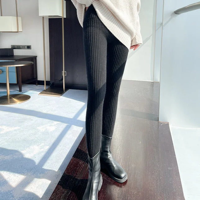 High-Waisted Slim Leggings for Women - Ribbed Knit Thermal Trousers with Ankle-Length Stretch Fit