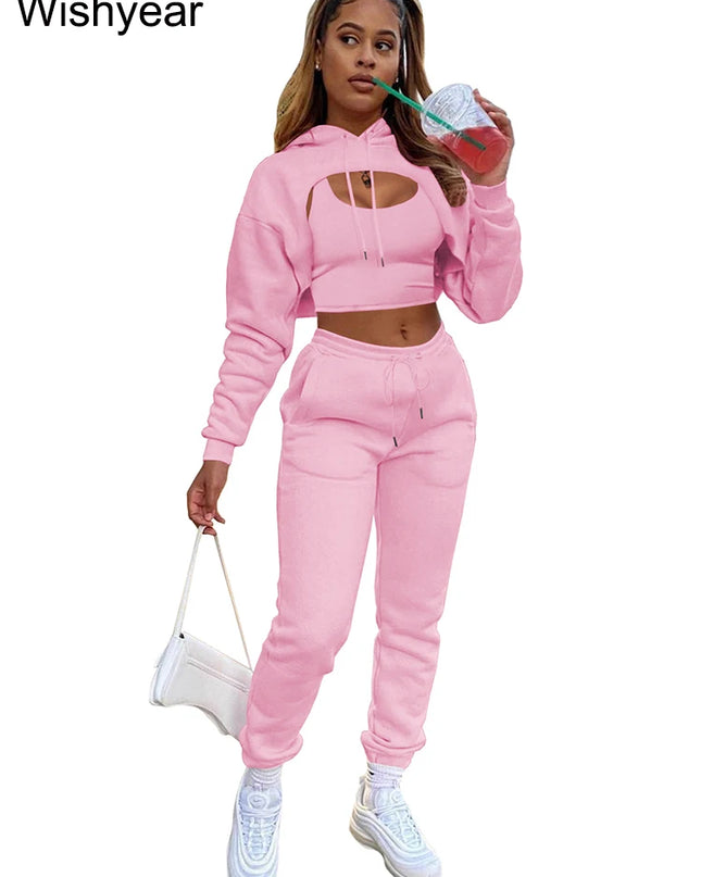 Wisyear Women's 3-Piece Velvet Tracksuit Set - Crop Hoodie, Vest, and Sweatpants Matching Outfit