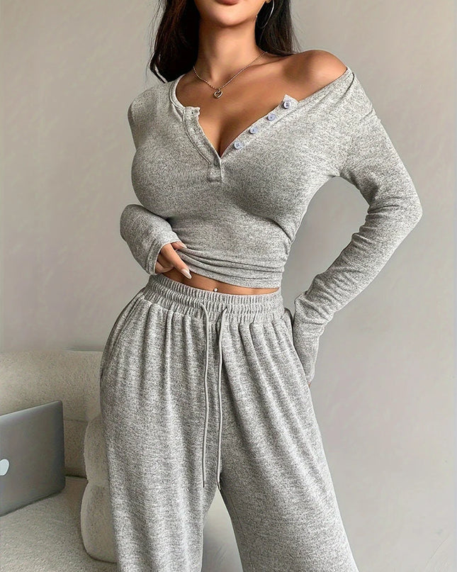 Women's Crop Top and Drawstring Pants Set - Two Piece Outfit