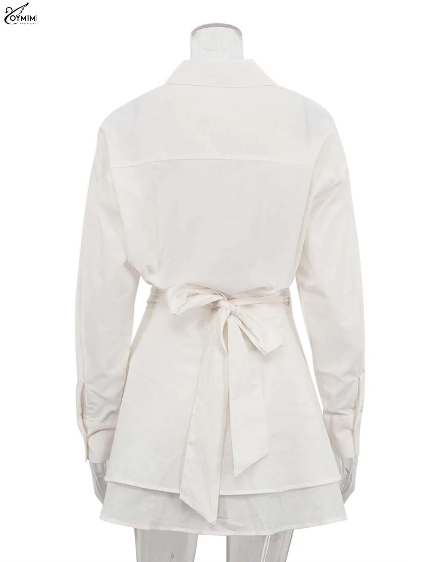 Elegant Women's Two-Piece Set – Long Sleeve Button Shirt & High-Waisted Lace-Up Mini Skirt