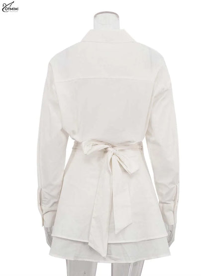 Elegant Women's Two-Piece Set – Long Sleeve Button Shirt & High-Waisted Lace-Up Mini Skirt