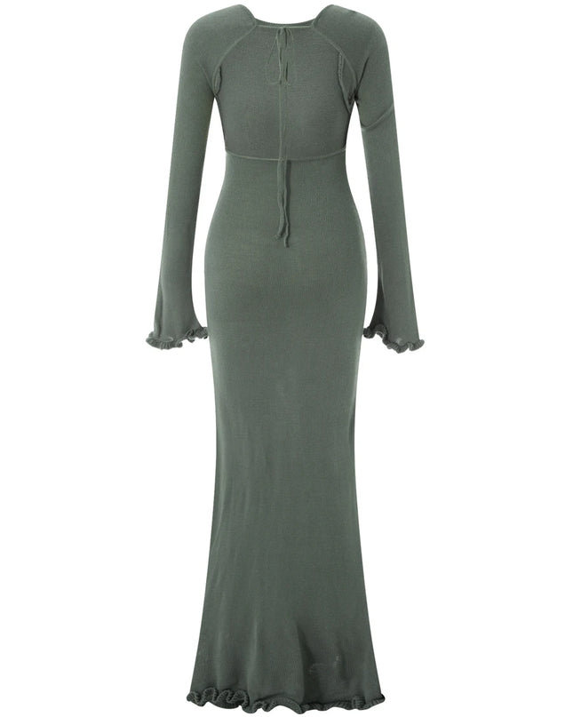Women's Knitted Backless Bodycon Dress with Ruffle Trim