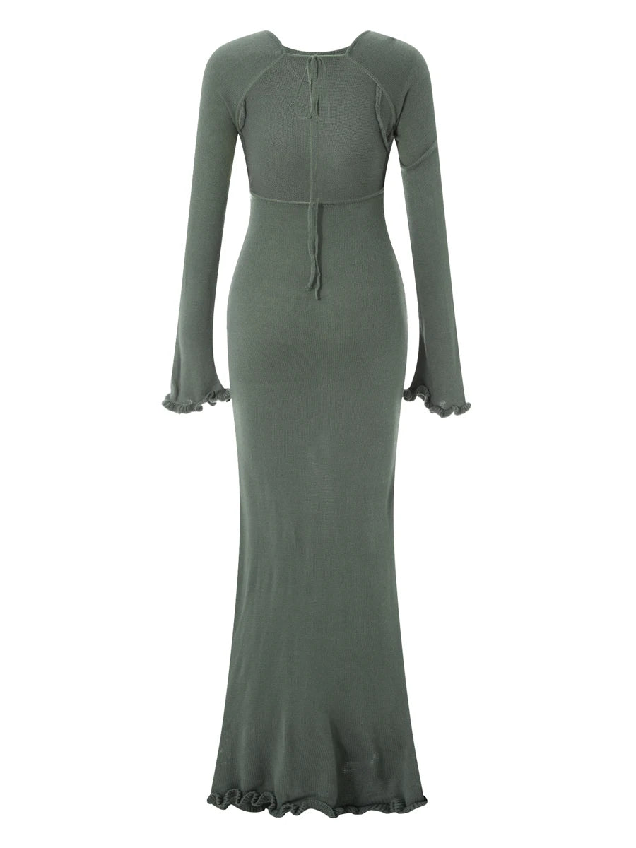 Women's Knitted Backless Bodycon Dress with Ruffle Trim