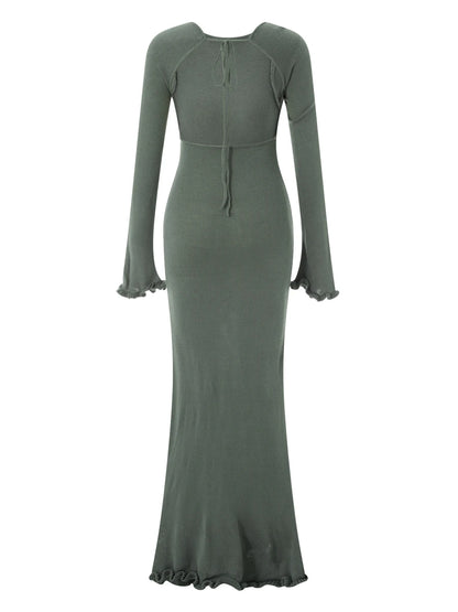 Women's Knitted Backless Bodycon Dress with Ruffle Trim
