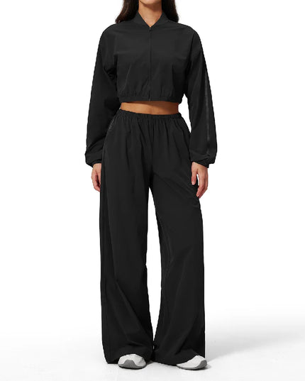 Women’s Two-Piece Set: Zipper Hooded Cropped Jacket and Wide-Leg Pants
