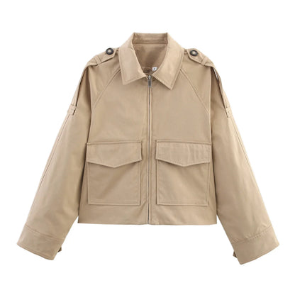 Women's Long Sleeve Casual Jacket with Front Zip Pockets