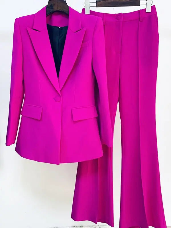 Women's Two-Piece Blazer and Flare Pants Set with Single Button Detail