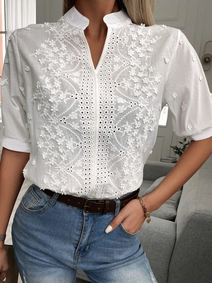 Women's V-Neck Embroidered Cotton Blouse with Lantern Sleeves