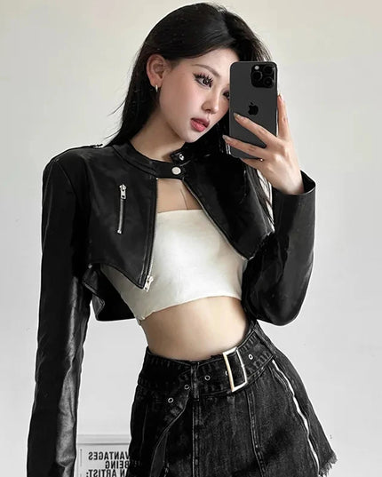 Women's PU Leather Cropped Slim Fit Zipper Jacket