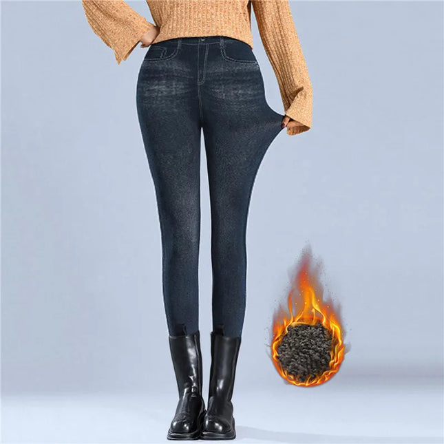 Faux Denim Fleece High-Waisted Pencil Pants for Women