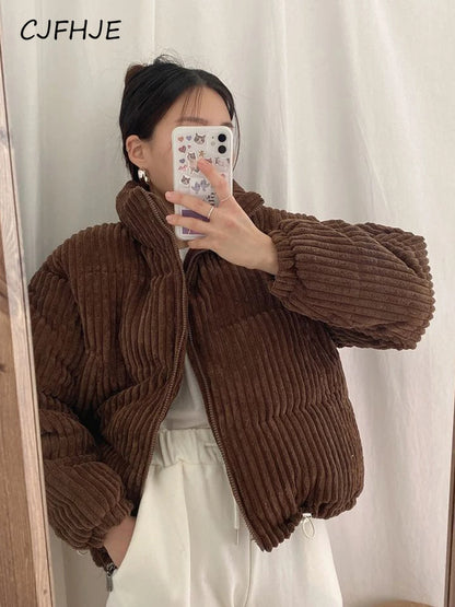 Women's Thick Corduroy Puffy Short Parka with Zipper Closure