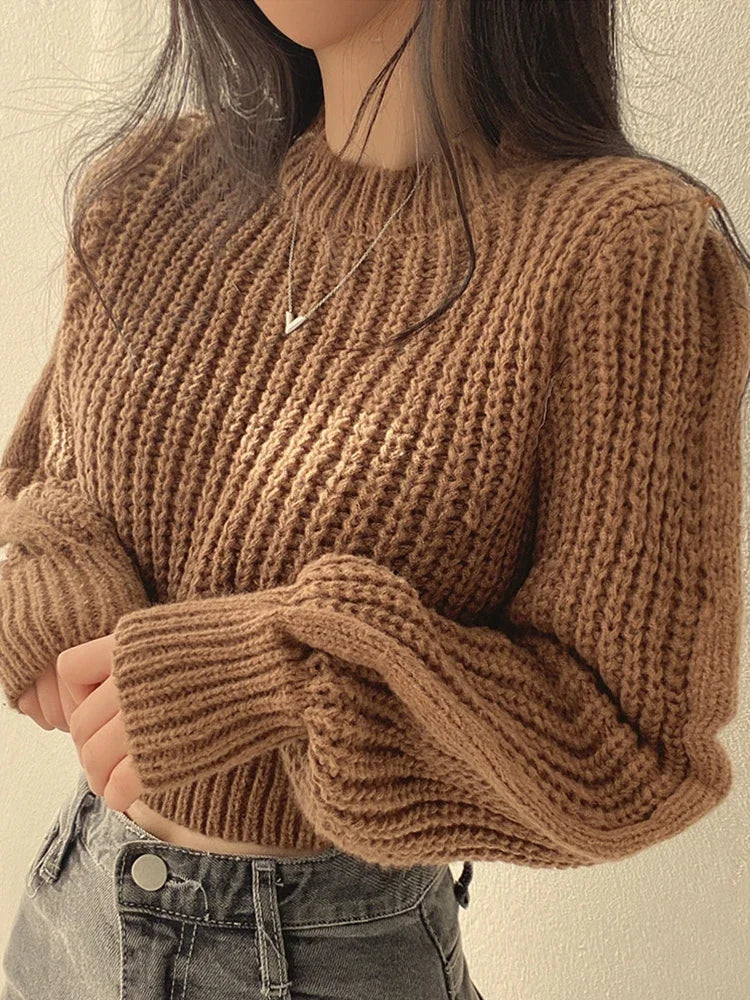 Person wearing a brown knitted sweater against a neutral background
