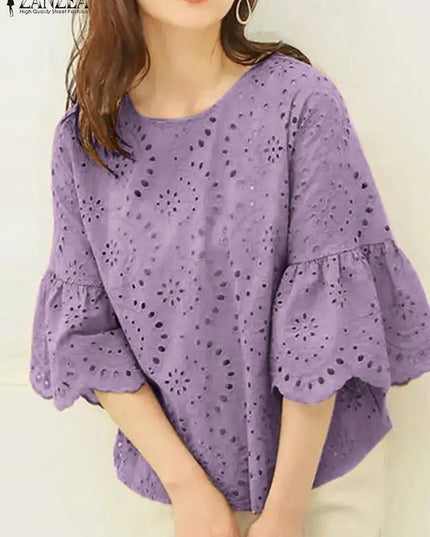 ZANZEA Women's Casual Loose Blouse with Hollow Out Lace Crochet Embroidery