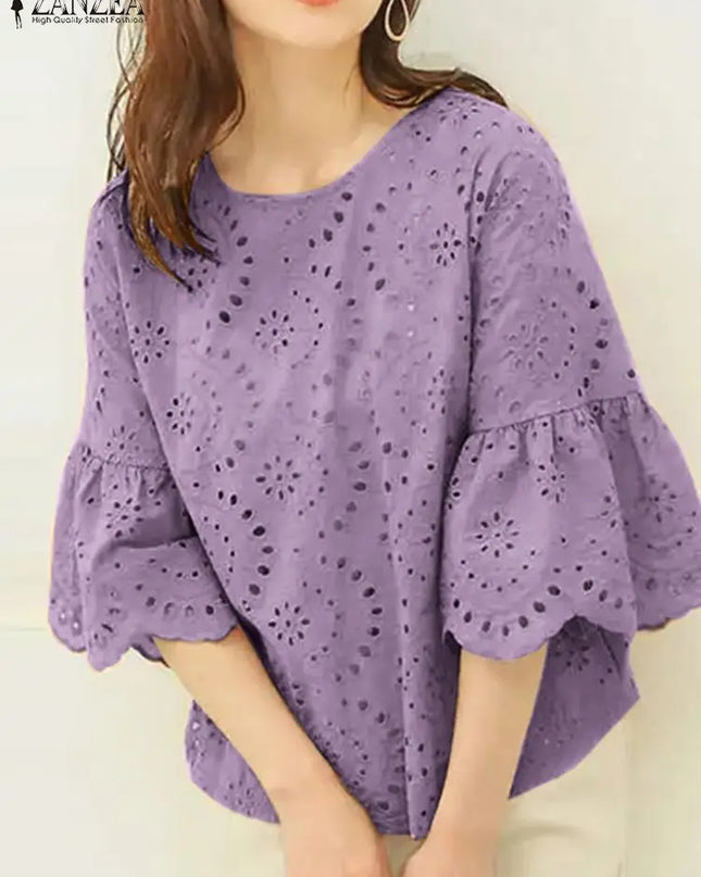ZANZEA Women's Casual Loose Blouse with Hollow Out Lace Crochet Embroidery