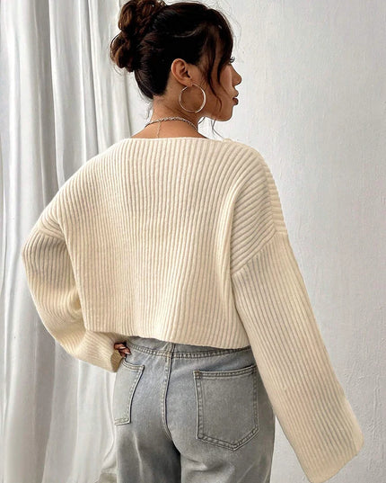 Women's V-Neck Knitted Stiped Sweater with Loose Fit