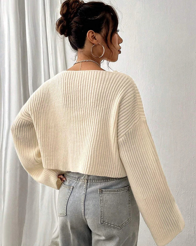 Women's V-Neck Knitted Stiped Sweater with Loose Fit