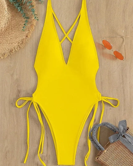 Women's Deep V Neck One-Piece Swimsuit with Hollow Out Design & Pleated Style