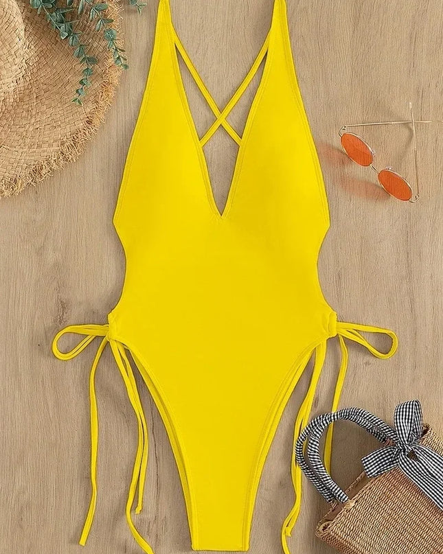 Women's Deep V Neck One-Piece Swimsuit with Hollow Out Design & Pleated Style
