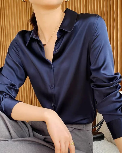 Elegant Satin Women's Blouse with Long Sleeves and Turn-down Collar