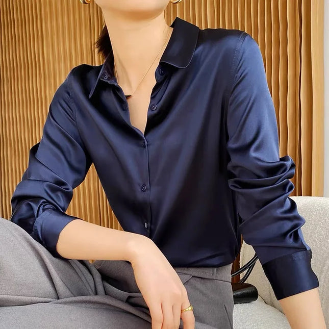 Elegant Satin Women's Blouse with Long Sleeves and Turn-down Collar