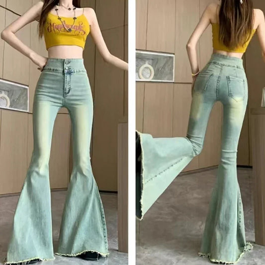 Women's Vintage High Waist Flare Jeans - Slim Fit Wide Leg Denim Pants