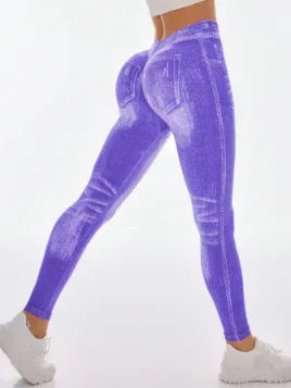 Women’s High-Waisted Seamless Denim-Print Yoga Leggings