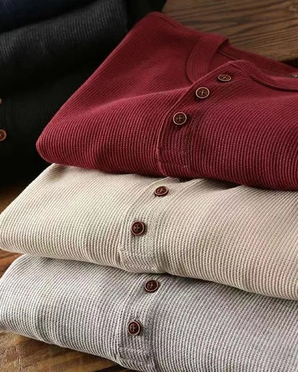 Slim Fit Men's Henley Long Sleeve Shirt – Breathable Cotton, Half Button Design