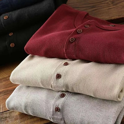 Slim Fit Men's Henley Long Sleeve Shirt – Breathable Cotton, Half Button Design