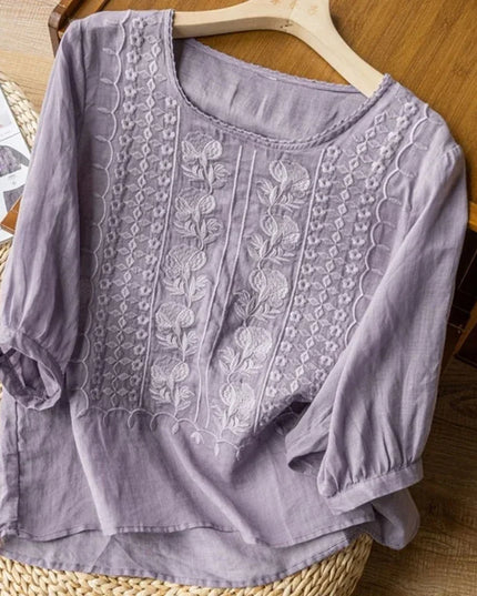 Women's Retro O-Neck Embroidered Half Sleeve Loose Casual Ruched Cotton Blouse