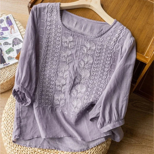 Women's Retro O-Neck Embroidered Half Sleeve Loose Casual Ruched Cotton Blouse