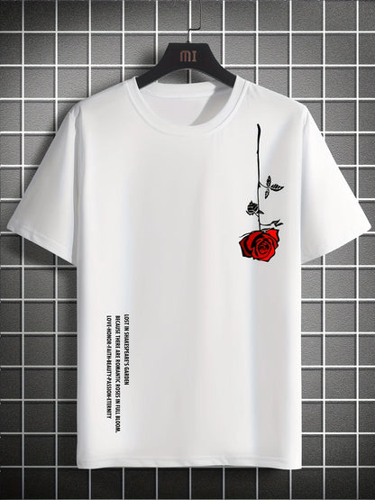 Men's Slim Fit Casual T-Shirt – 100% Cotton Rose Print Short Sleeve Round Neck Tee