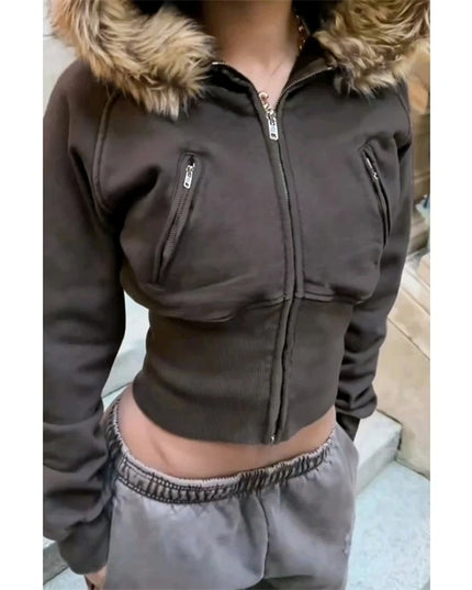 Women's Cropped Hooded Jacket with Faux Fur Trim, Fitted Style, Long Sleeves, and Zipper Closure
