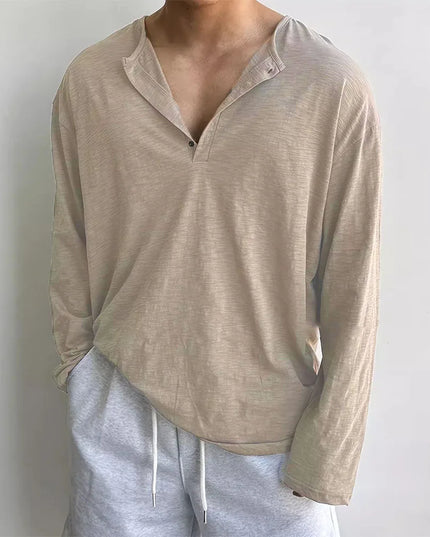 Cotton Men's Long Sleeve Loose Fit Sweater with Quarter Button Closure