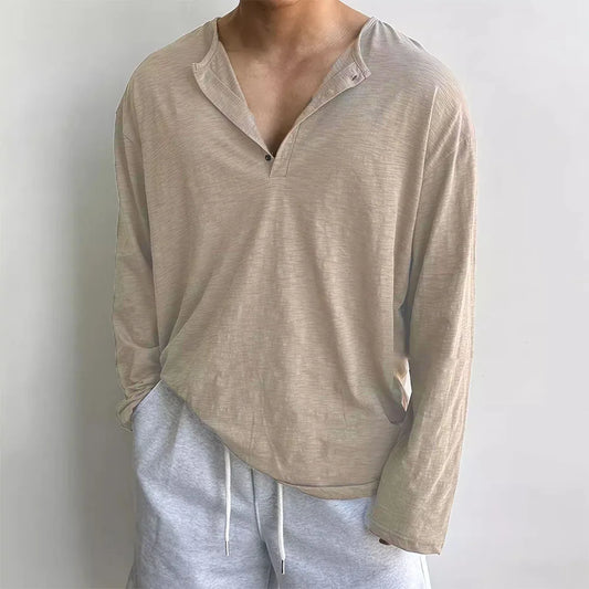 Cotton Men's Long Sleeve Loose Fit Sweater with Quarter Button Closure