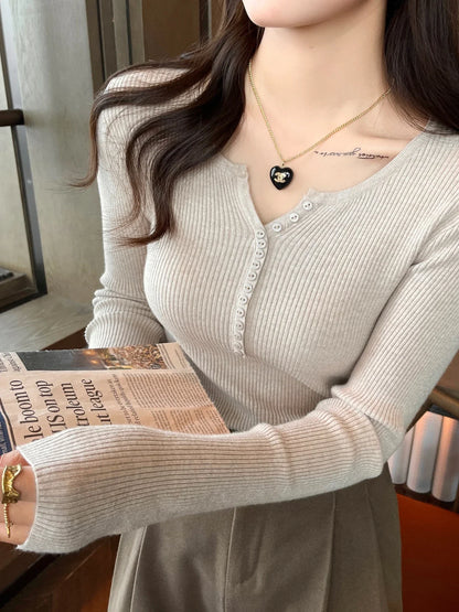 Women's Slim Fit Long Sleeve Knitted Sweater with Elastic Fit