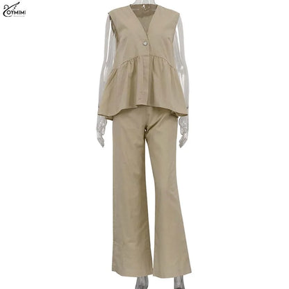Women's 2-Piece Blue Cotton Linen Set: V-Neck Backless Halter Lace-Up Vest and Straight Pants