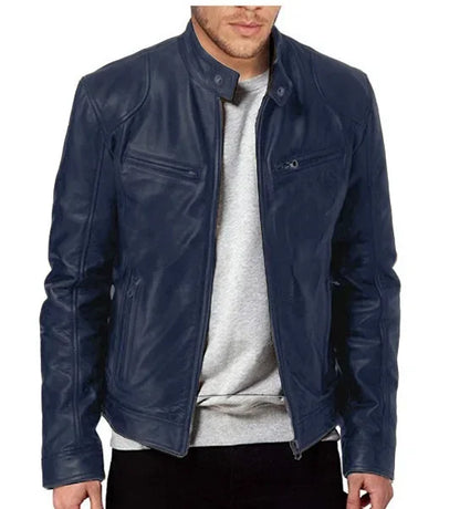 Men's Slim Fit Faux Leather Motorcycle Jacket - Short Lapel PU Coat with Zipper