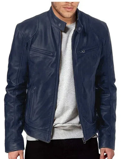 Men's Slim Fit Faux Leather Motorcycle Jacket - Short Lapel PU Coat with Zipper