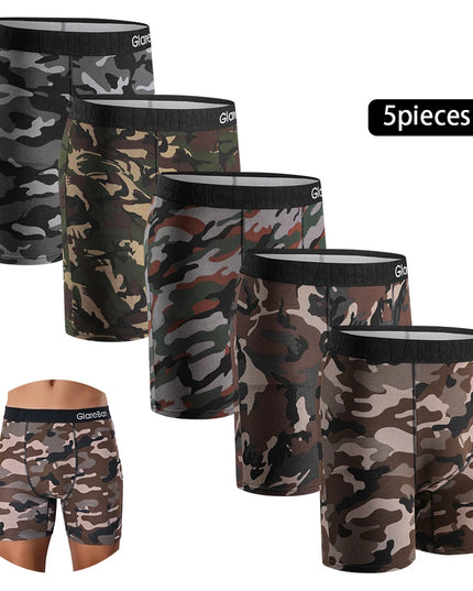 5-Piece Set of Mid-Length Camo Cotton Boxer Briefs for Men