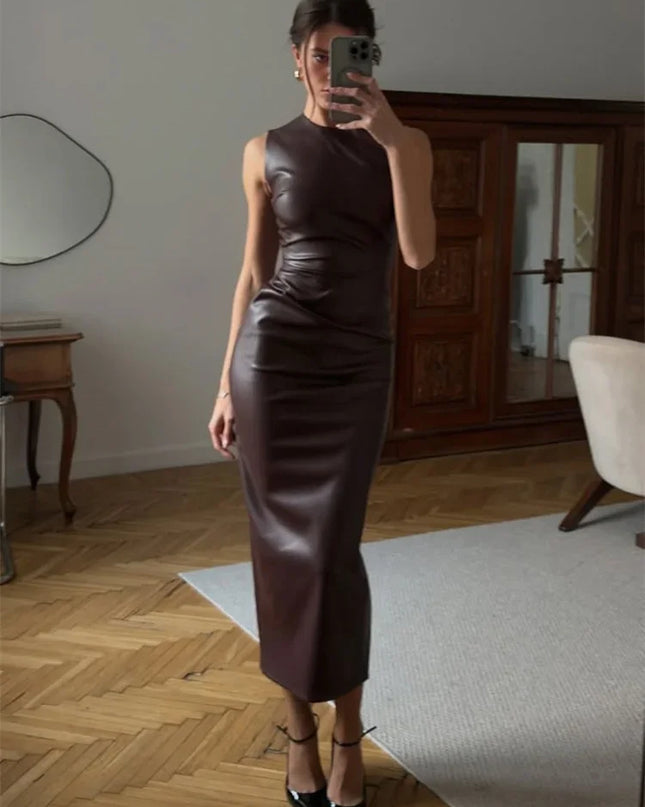 Women's PU Leather Maxi Dress - High Waist, Sleeveless, Slim Fit