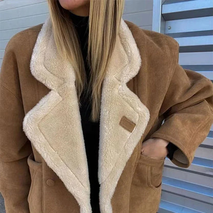 Women's Vintage Wool Lapel Jacket with Thicken Fabric and Pockets