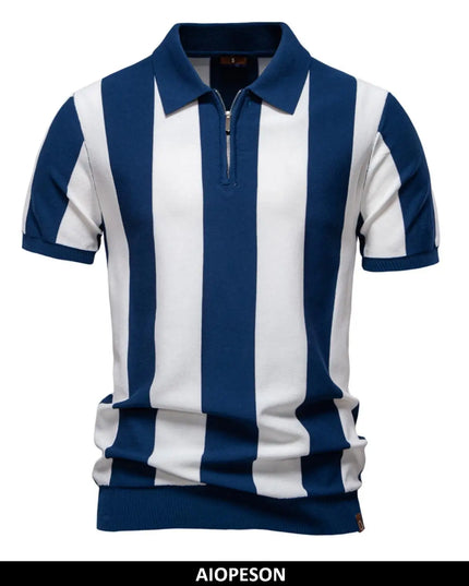 Men's Breathable Striped Polo Shirt - Casual Knit T-Shirt with Zipper Closure