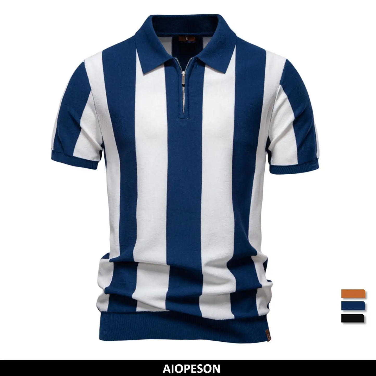 Men's Breathable Striped Polo Shirt - Casual Knit T-Shirt with Zipper Closure