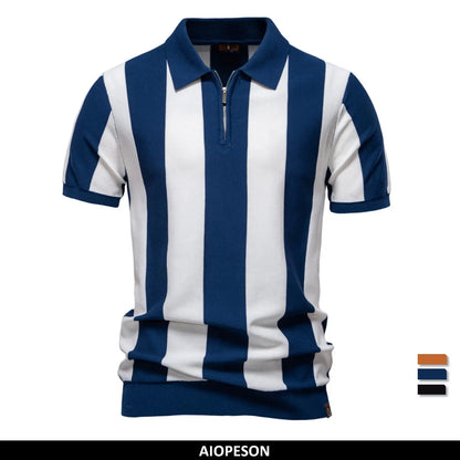Men's Breathable Striped Polo Shirt - Casual Knit T-Shirt with Zipper Closure